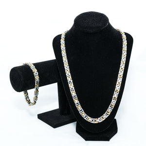 Men's Byzantine Silver & Gold Necklace & Bracelet Set in Stainless Steel #SSM-NB26