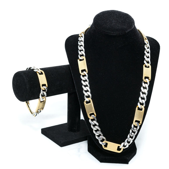 Men's Cuban Link Silver & Gold Necklace & Bracelet Set in Stainless Steel #SSM-NB07